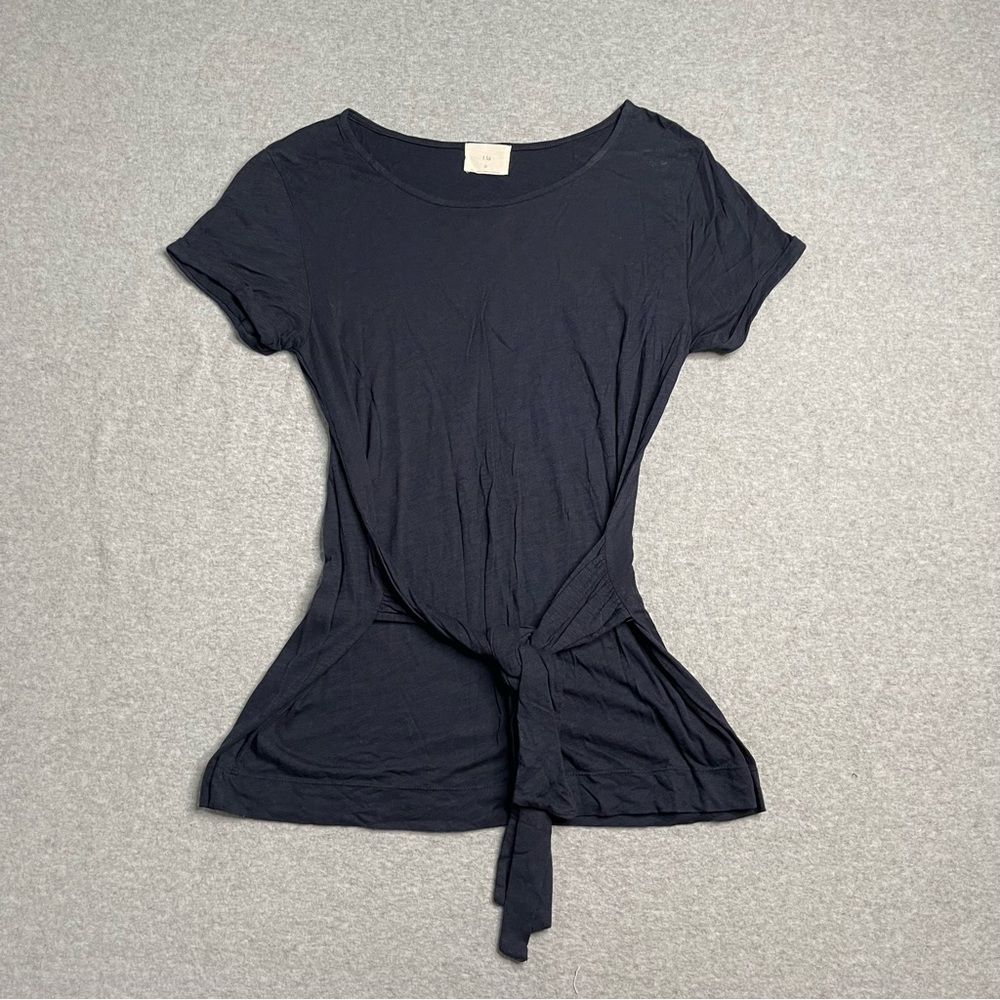 T.La Tunic Womens Small Blue Solid Short Sleeve Tie Front Tunic Casual